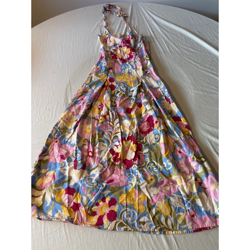 Zara Floral Halter Maxi Dress Womens XS Multicolor ‎ Linen Blend Boho